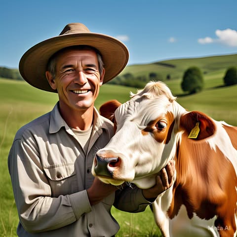Happy farmer with happy cow
